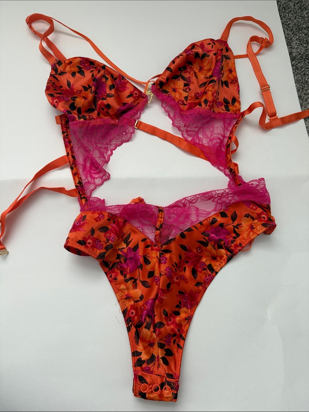 Victoria's Secret Orange Floral Satin & Fuchsia Lace Teddy